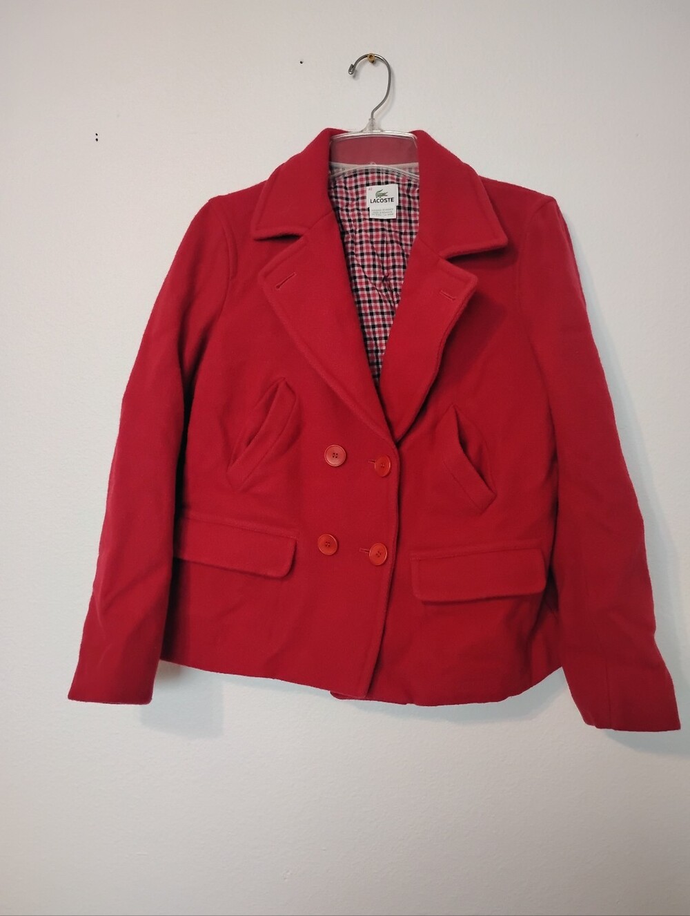 Lacoste Wool Blend Plaid Lining Red Peacoat